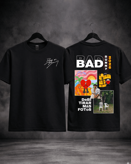 T-shirt Bad Bunny Especial 2026 preta - detalhe da estampa - SuDrops