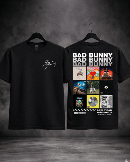 T-shirt Bad Bunny Edição de Fã preta - detalhe frente e costas - SuDrops