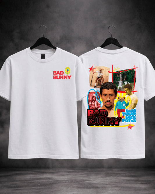 T-shirt Bad Bunny Edição Limitada - variante branca frente e costas - SuDrops