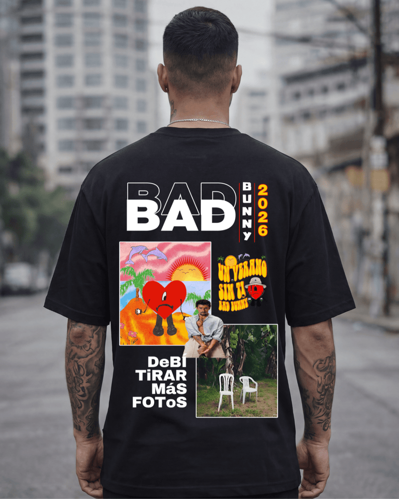 T-shirt Bad Bunny Especial 2026 preta frente e costas - Sudrops