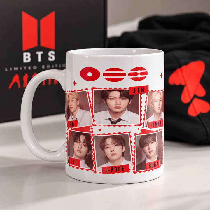 Caneca BTS branca com os retratos dos sete membros - Sudrops