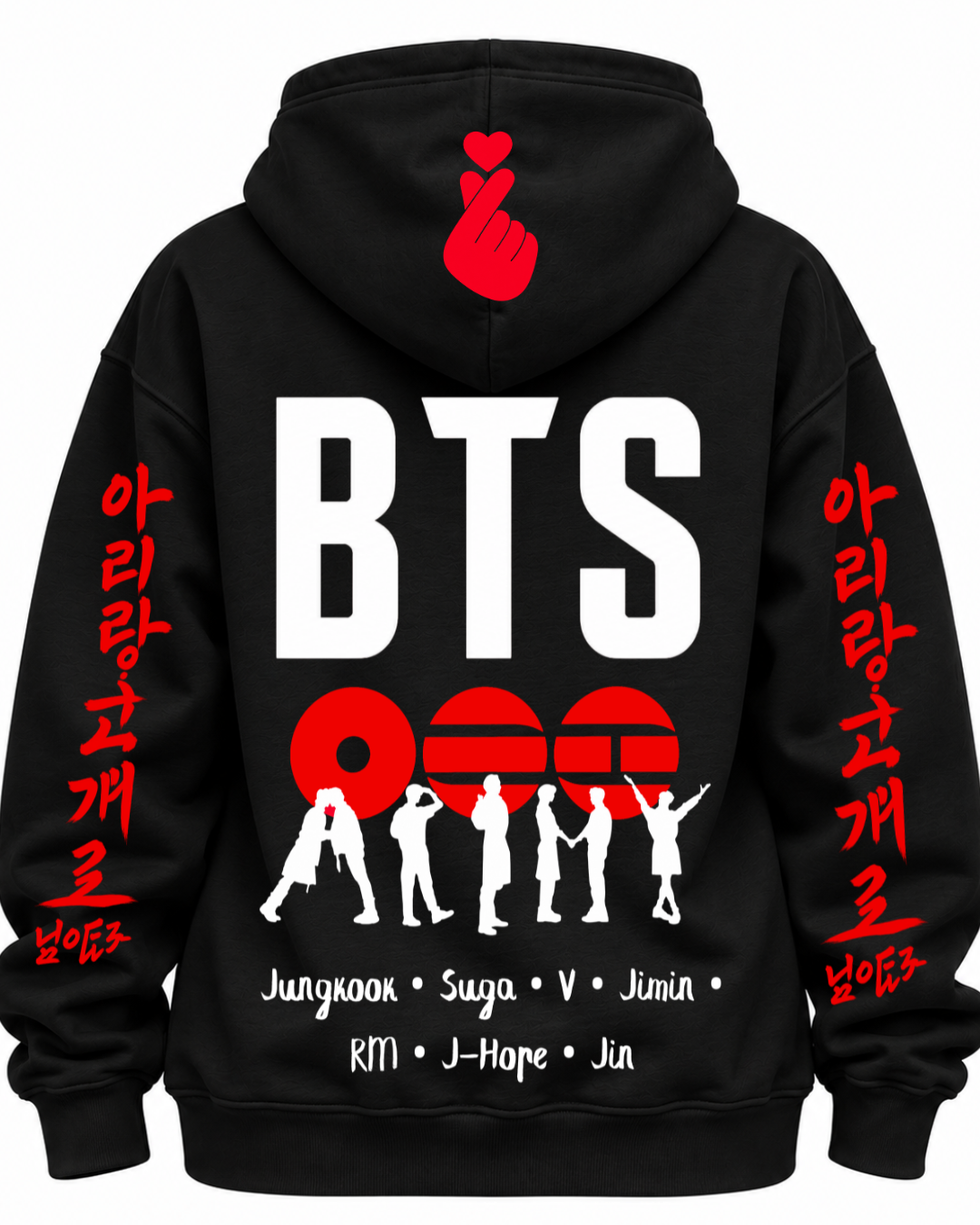 
Hoodie BTS World Tour preto - costas com silhuetas dos membros e lettering em hangul nas mangas - Sudrops