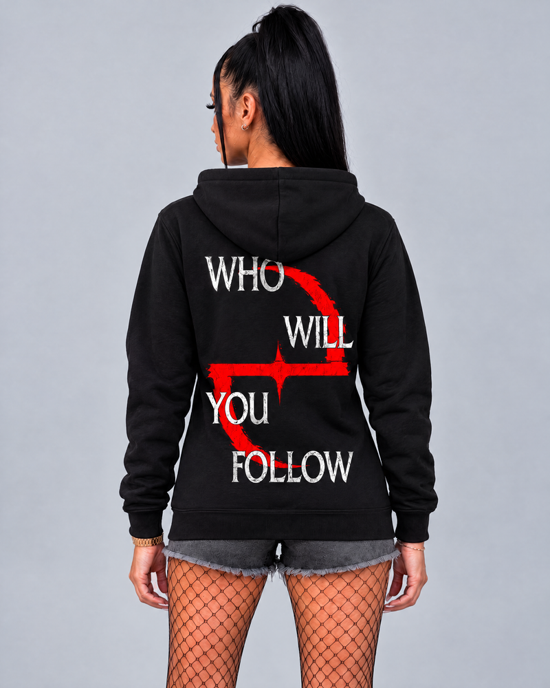 Hoodie Evanescence Who Will You Follow preto vestido em modelo, costas com frase e símbolo vermelho - Sudrops