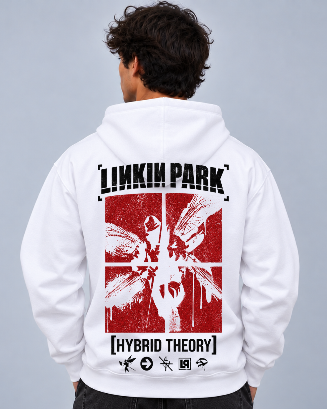 
Hoodie Linkin Park Hybrid Theory branco vestido em modelo, costas com painel vermelho - Sudrops