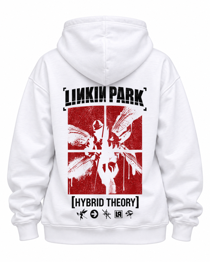 Hoodie Linkin Park Hybrid Theory branco - costas com lettering, figura alada e símbolos da banda - Sudrops