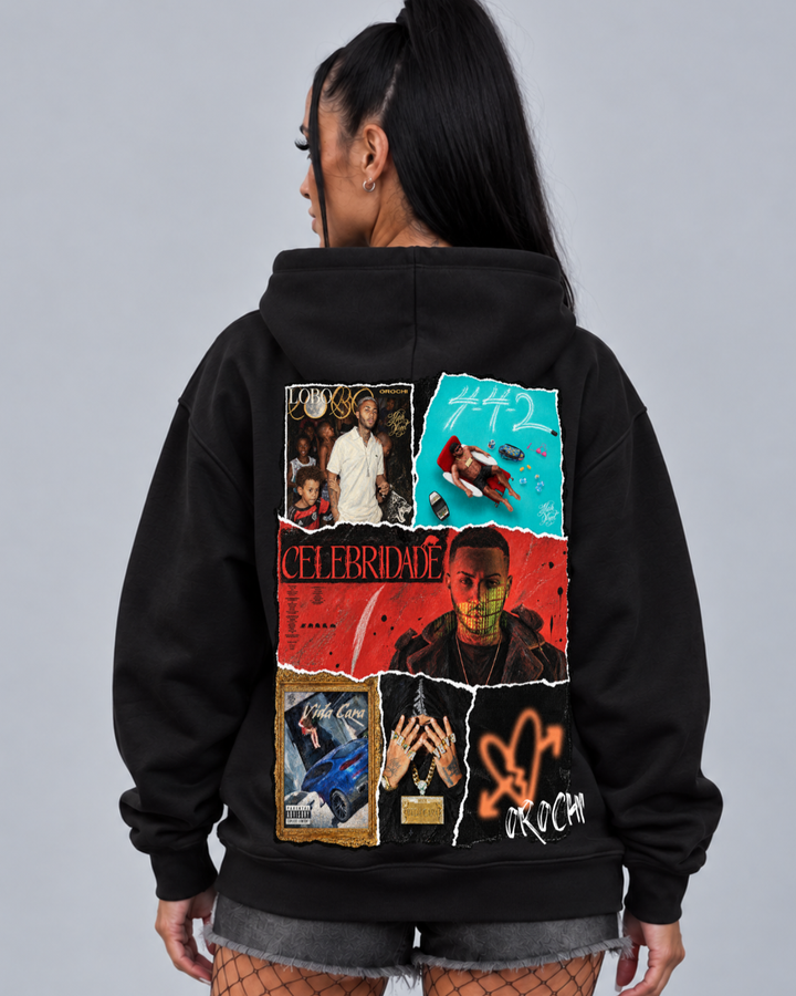 Hoodie Orochi Discografia preto vestido em modelo, costas com colagem das capas dos álbuns - Sudrops