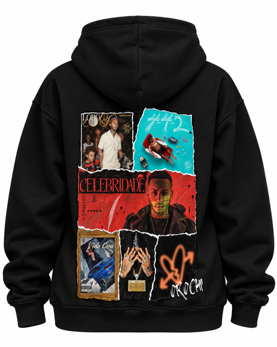 
Hoodie Orochi Discografia preto - costas com colagem das capas Lobo, 4+2, Celebridade e Vida Cara - Sudrops