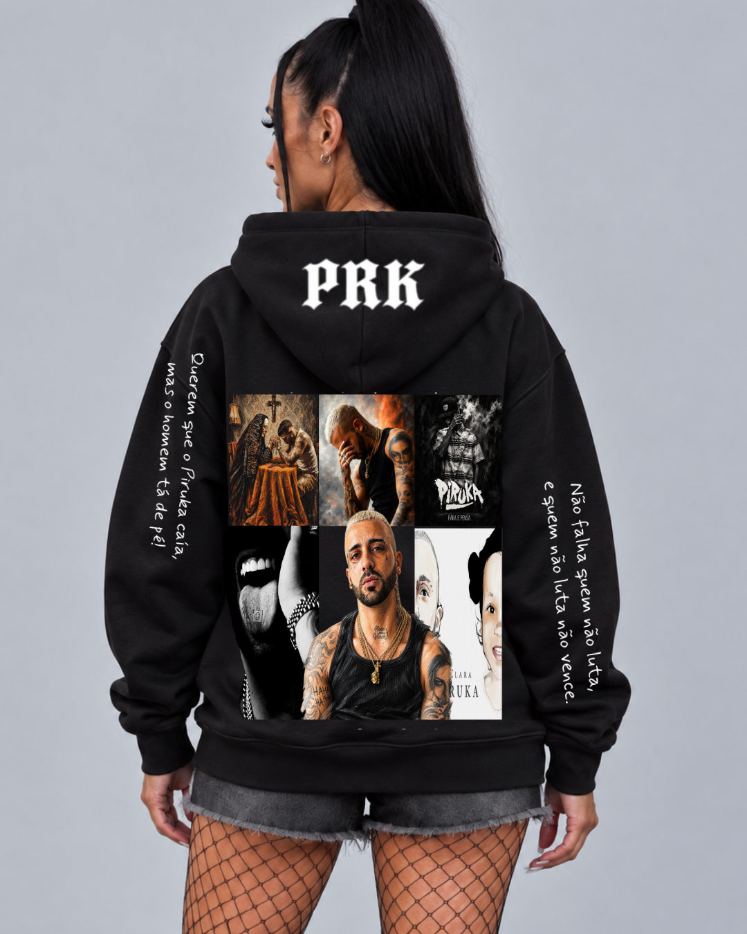 Hoodie Piruka PRK Edition preto vestido em modelo, costas com colagem e PRK no capuz - Sudrops