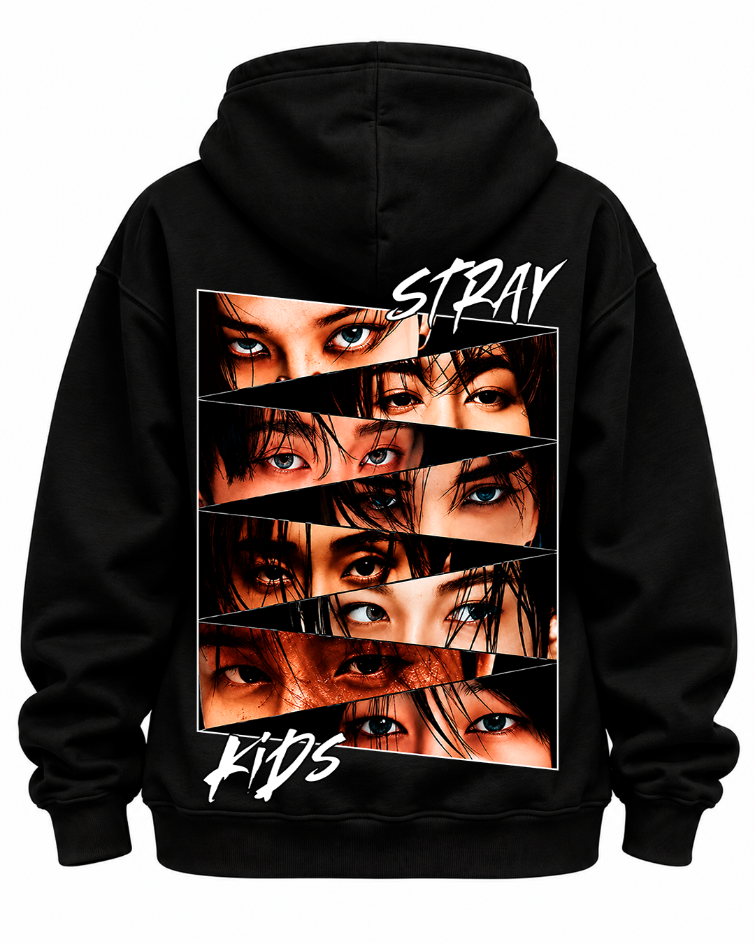 Hoodie Stray Kids Eyes Edition preto - estampa das costas com os olhos dos membros em tiras diagonais - Sudrops