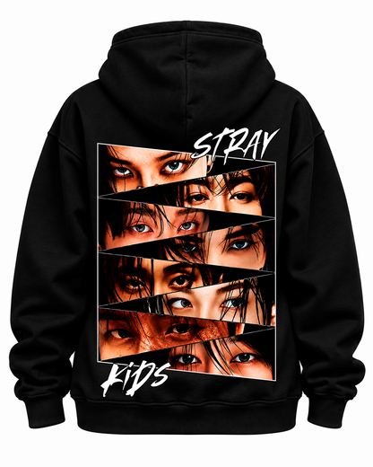Hoodie Stray Kids Eyes Edition preto - estampa das costas com os olhos dos membros em tiras diagonais - Sudrops