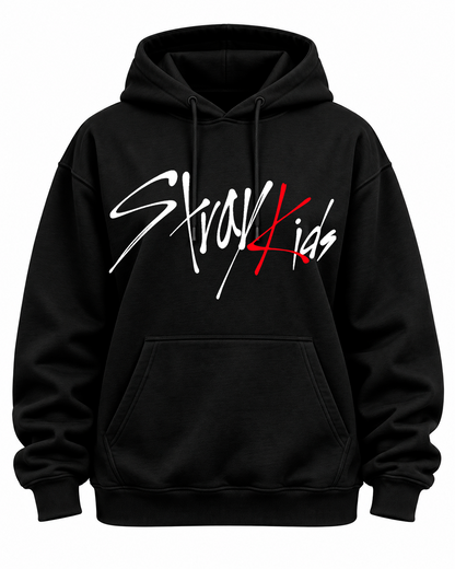 Hoodie Stray Kids Eyes Edition preto - frente com lettering Stray Kids branco e K vermelho - Sudrops