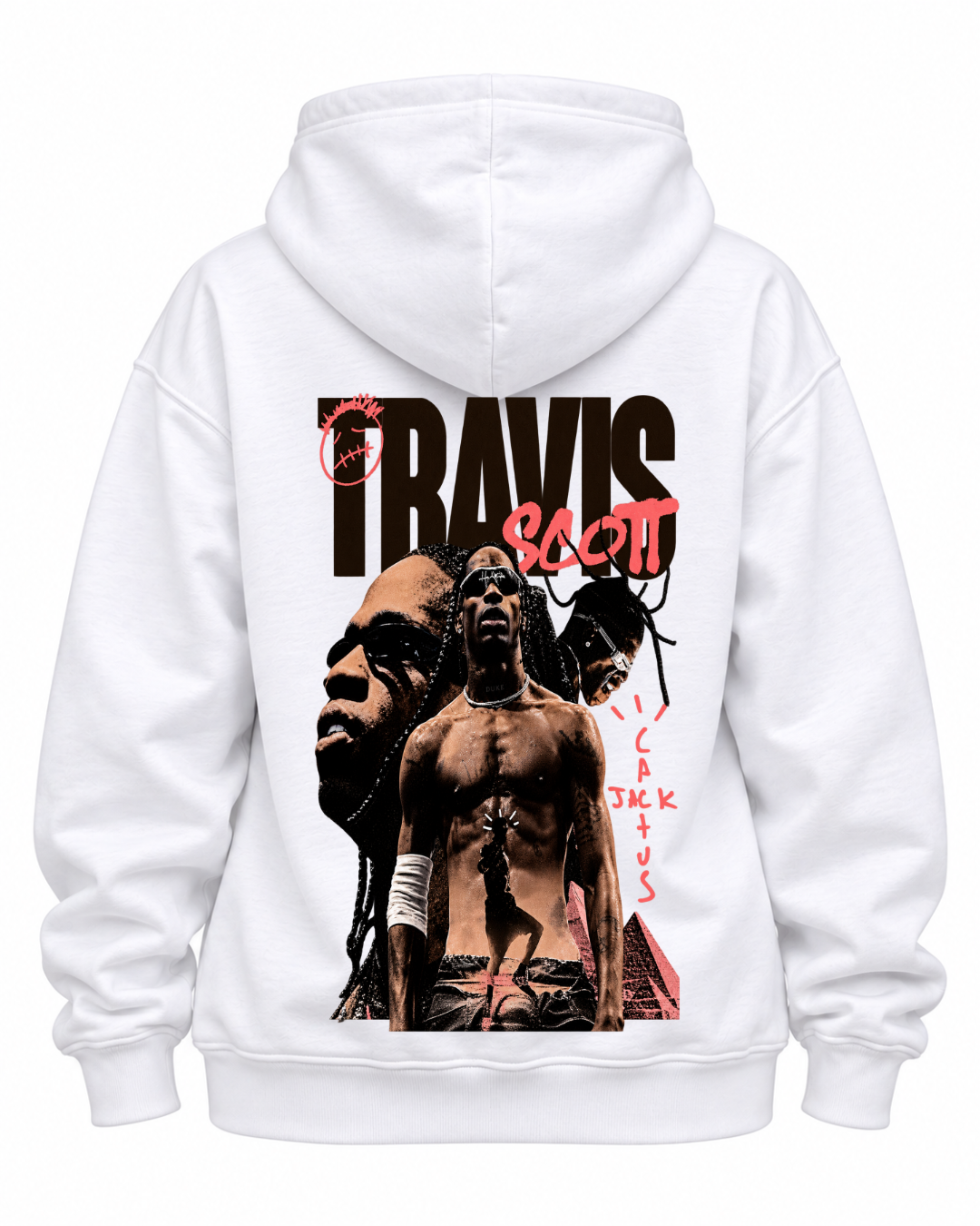 
Costas do hoodie branco Travis Scott Collage Edition com nome TRAVIS em preto, SCOTT em vermelho e três retratos em colagem