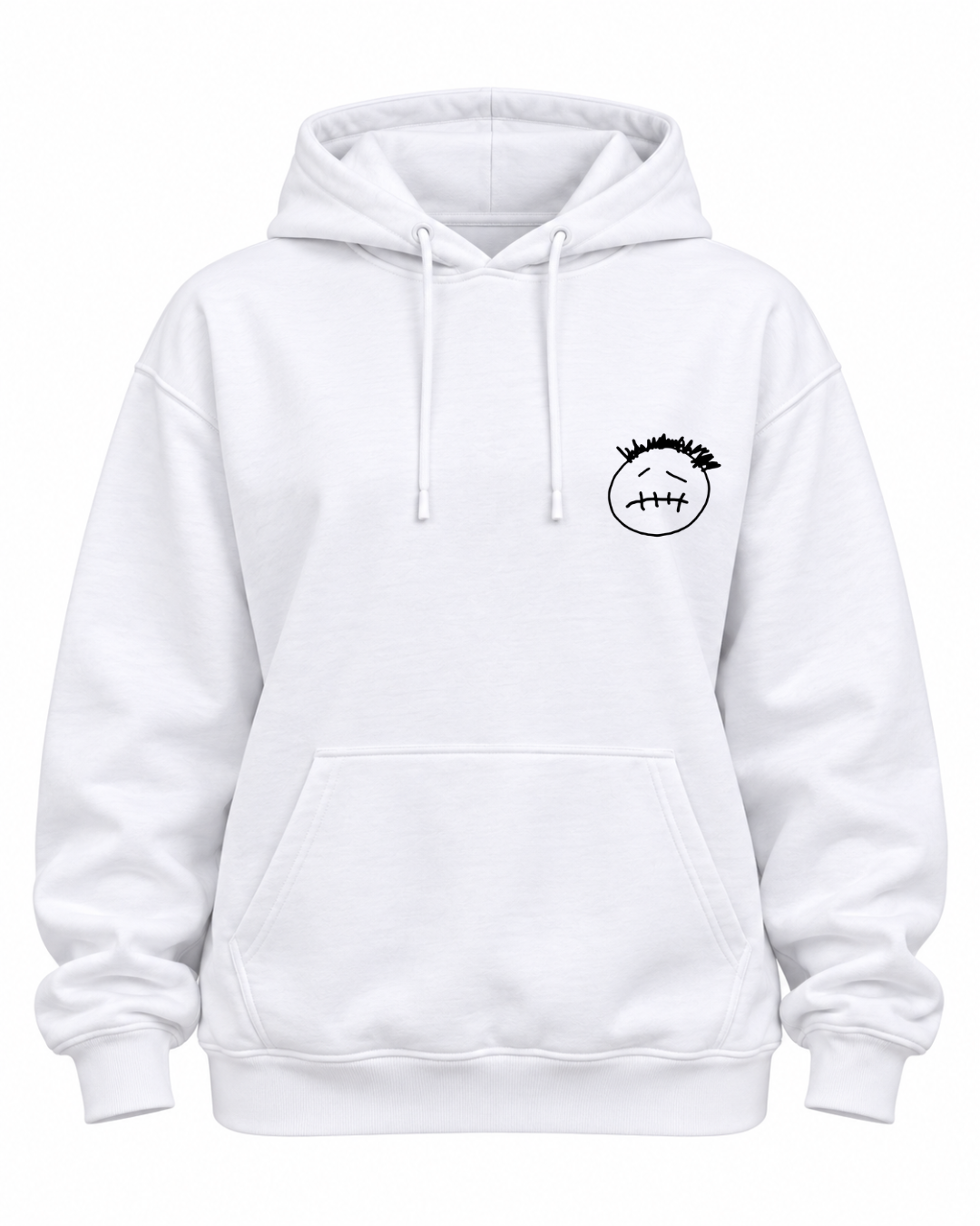 
Frente do hoodie branco Travis Scott Collage Edition com smiley preto no peito e bolso canguru