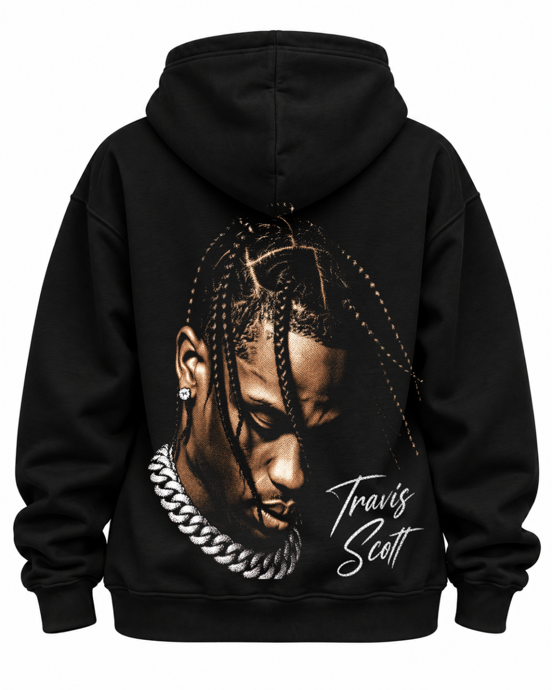 
Costas do hoodie preto Travis Scott Portrait Edition com grande retrato em tons de bronze e assinatura em caligrafia branca