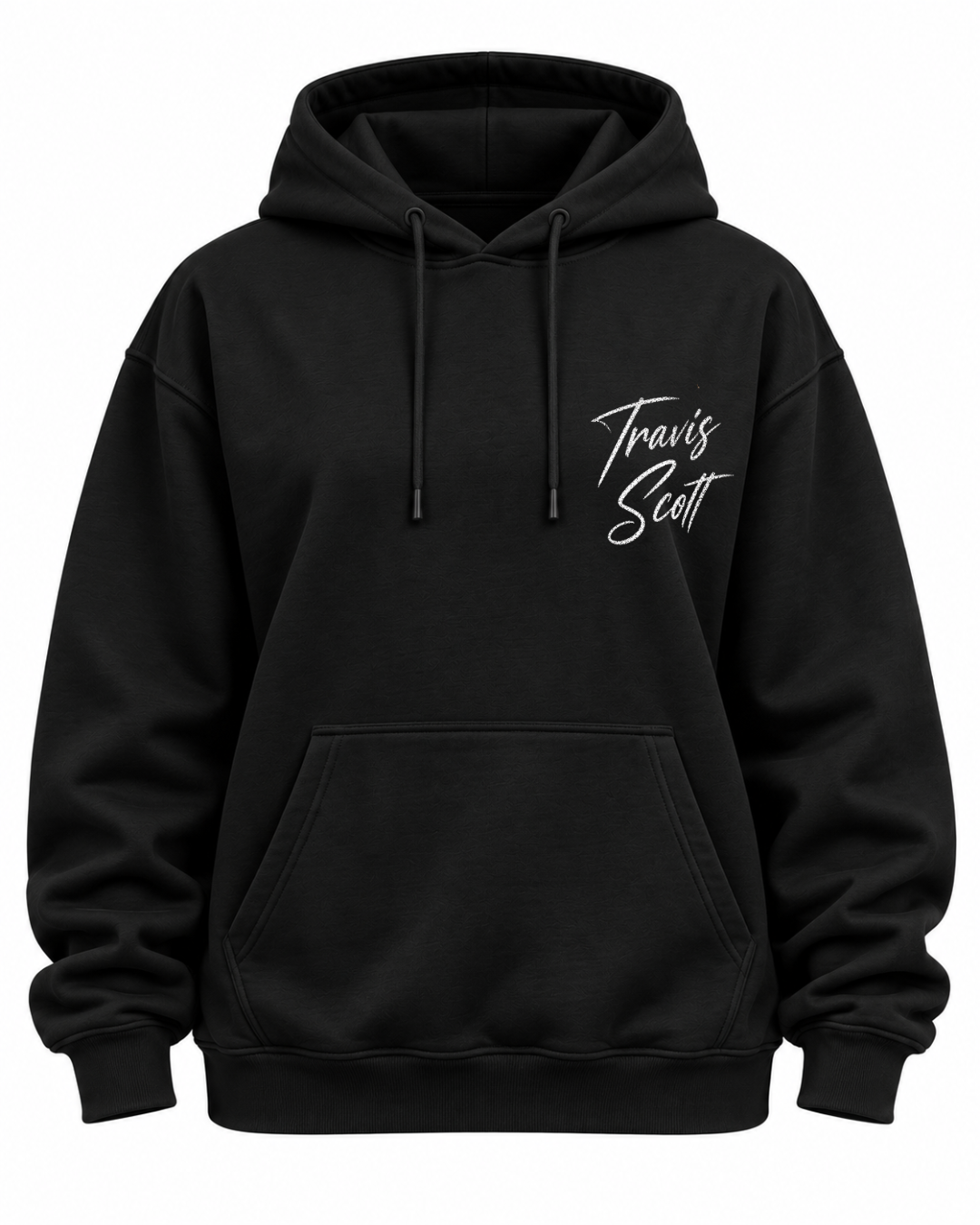 
Frente do hoodie preto Travis Scott Portrait Edition com assinatura Travis Scott no peito e bolso canguru