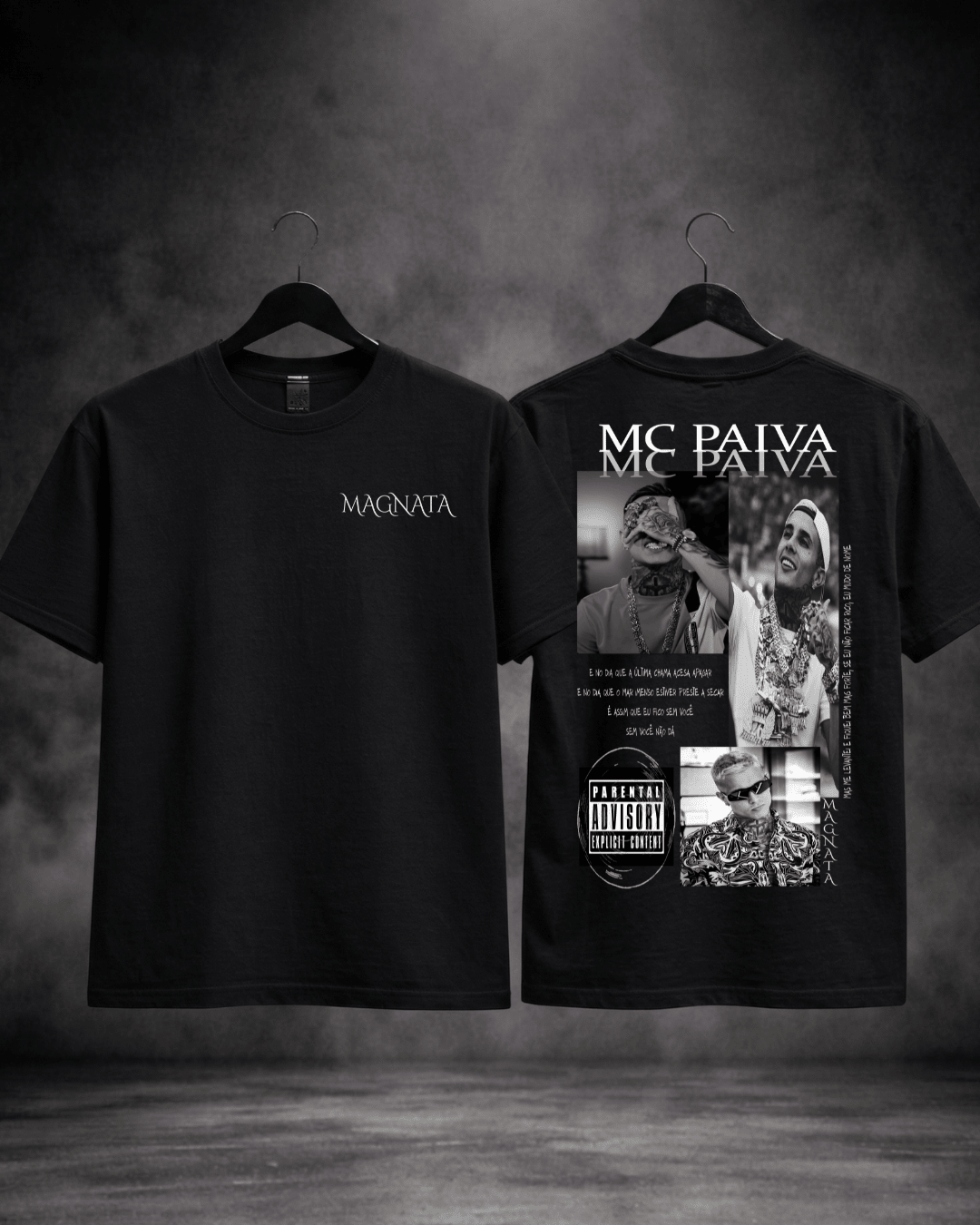 T-shirt Mc Paiva Edição de Fã preta v3 - detalhe frente e costas - SuDrops