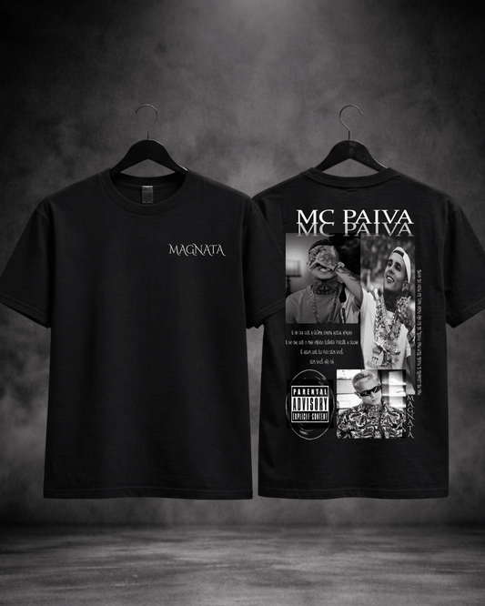 T-shirt Mc Paiva Edição de Fã preta v3 - detalhe frente e costas - SuDrops