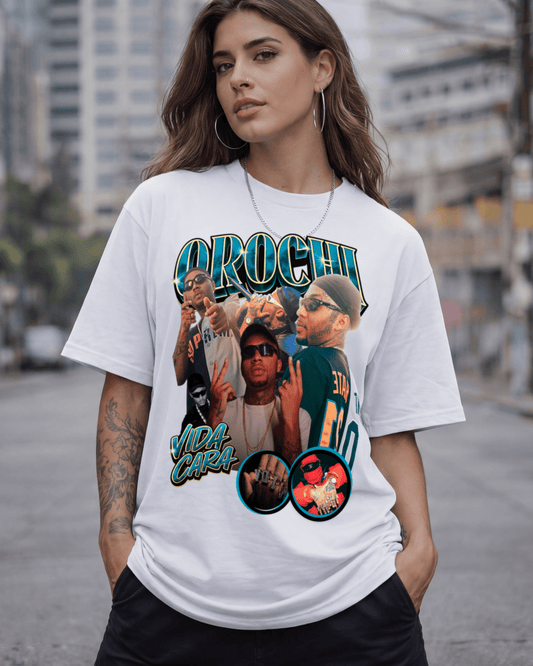 T-shirt Orochi Bootleg Azul branca com estampa frontal - SuDrops