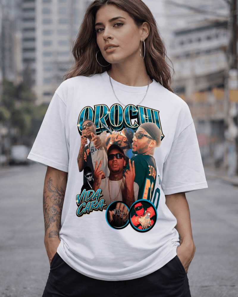 T-shirt Orochi Bootleg Azul branca com estampa frontal - Sudrops