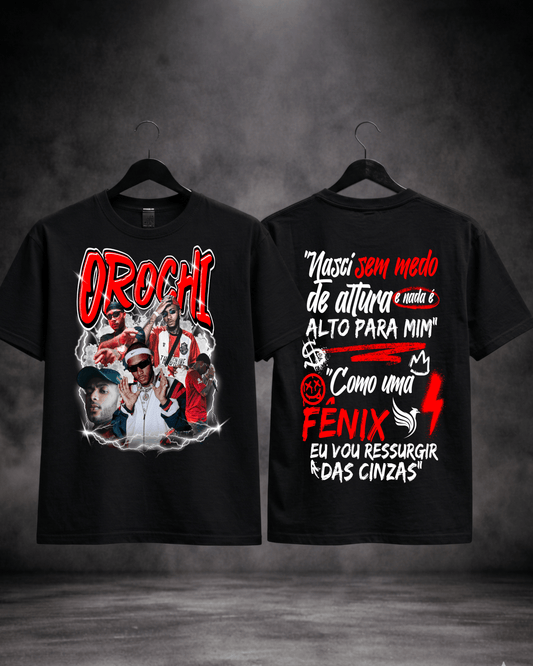 T-shirt Orochi Bootleg Vermelha preta - detalhe frente e costas - SuDrops