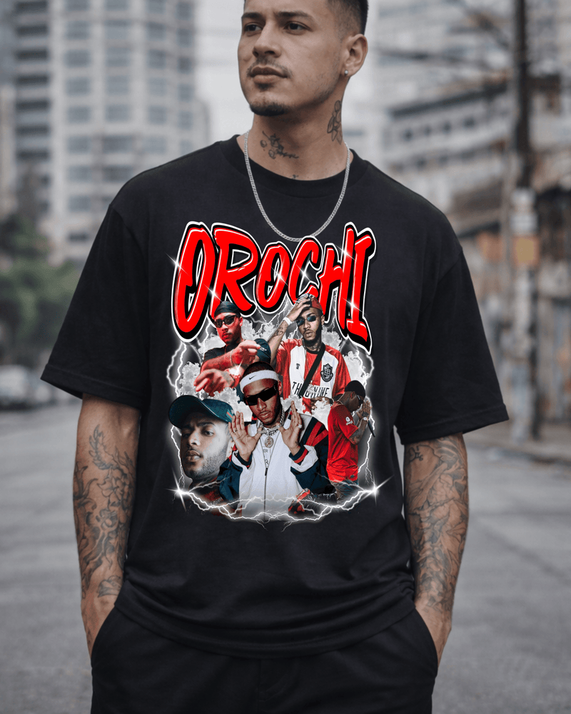 T-shirt Orochi Bootleg Vermelha preta frente e costas - Sudrops