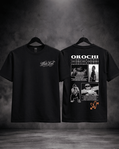 T-shirt Orochi Edição de Fã preta - detalhe frente e costas - SuDrops