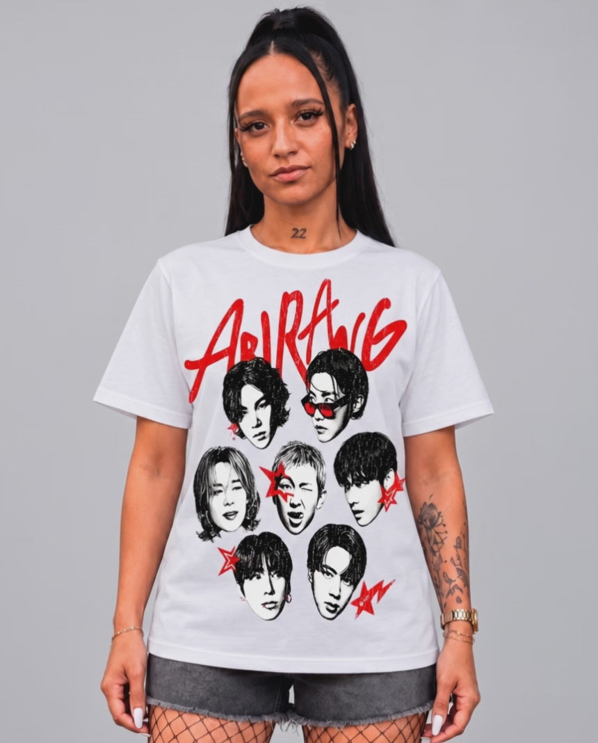 T-shirt BTS Arirang Vintage Edition branca, vídeo de caimento - Sudrops