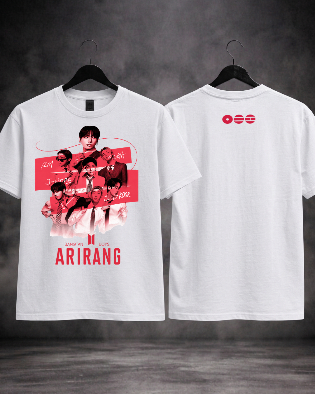 T-shirt BTS Arirang Red Edition branca frente e costas - SuDrops