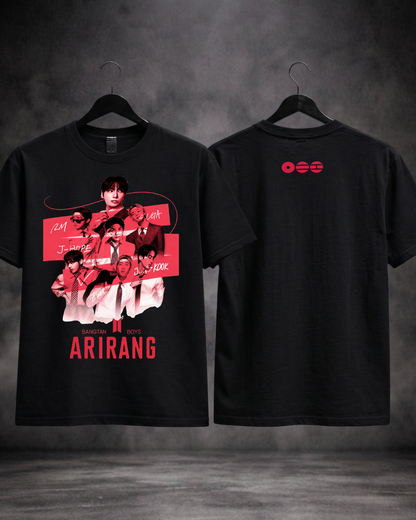 T-shirt BTS Arirang Red Edition preta frente e costas - SuDrops