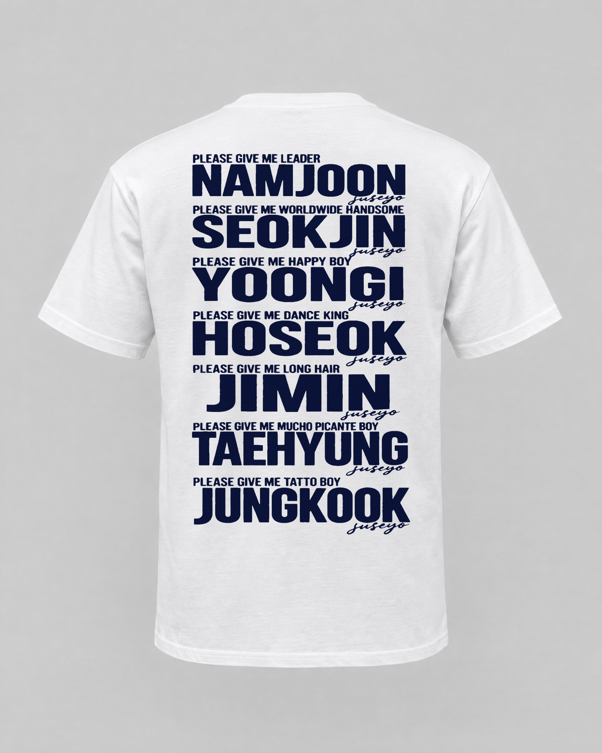 T-shirt BTS OT7 branca - estampa das costas com os nomes Namjoon, Seokjin, Yoongi, Hoseok, Jimin, Taehyung e Jungkook - Sudrops