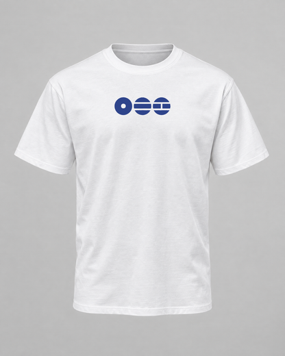 T-shirt BTS OT7 branca - frente com símbolo gráfico azul minimalista - Sudrops