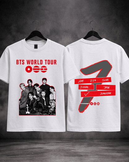T-shirt BTS World Tour 2026 Double Side Edition branca - frente e costas - SuDrops