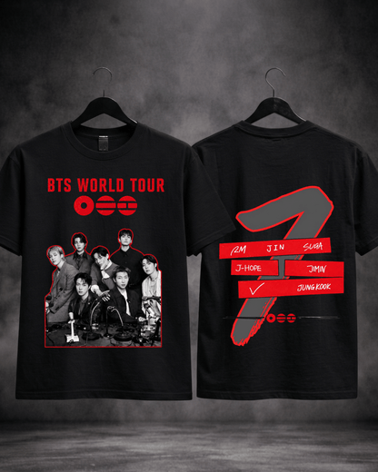 T-shirt BTS World Tour 2026 Double Side Edition preta - frente e costas - SuDrops