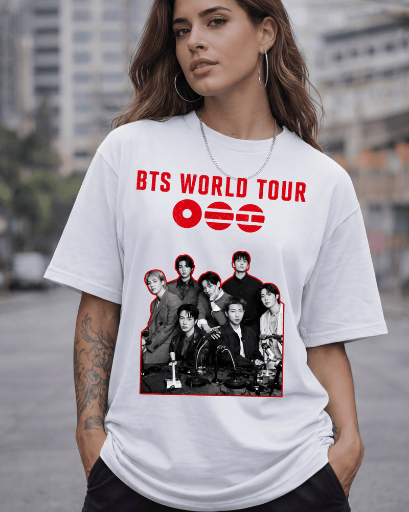 T-shirt BTS World Tour 2026 Double Side Edition - mockup frente e costas - Sudrops
