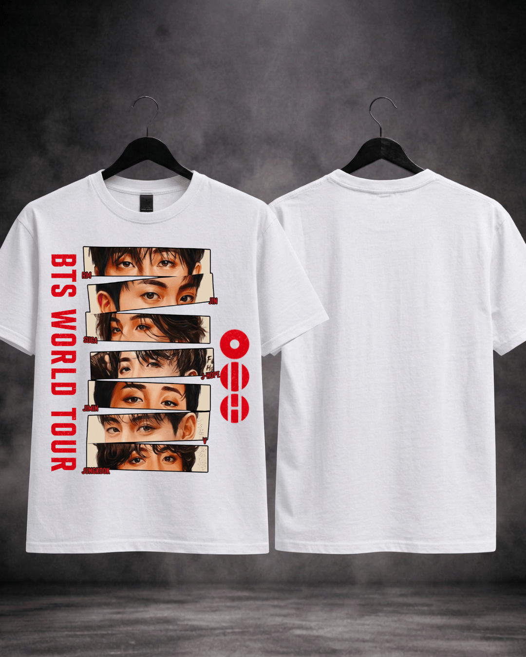 T-shirt BTS World Tour Eyes Edition branca - detalhe do design - SuDrops