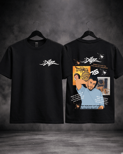 T-shirt Dillaz 75 preta - detalhe da estampa frente e costas - SuDrops
