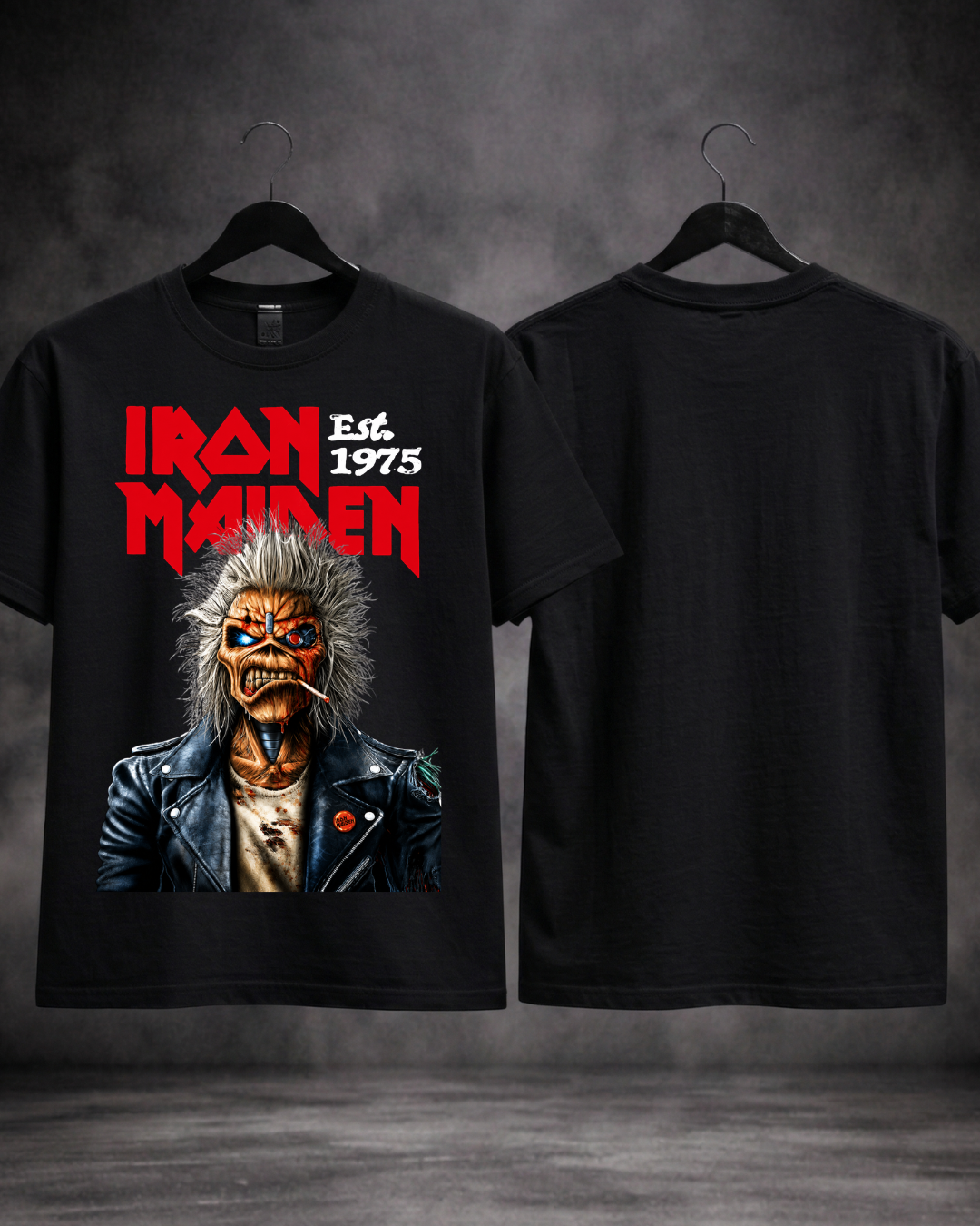 T-shirt Iron Maiden Eddie Est. 1975 Edition preta frente e costas