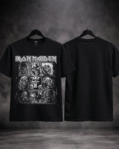 T-shirt Iron Maiden Eddie Faces Edition preta frente e costas