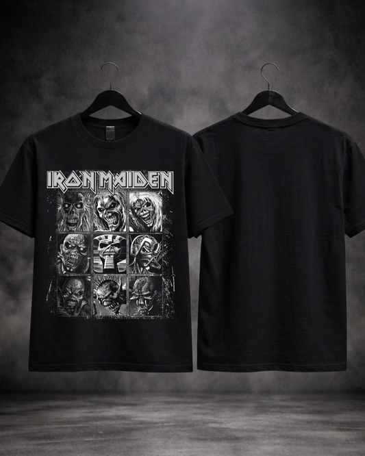 T-shirt Iron Maiden Eddie Faces Edition preta frente e costas