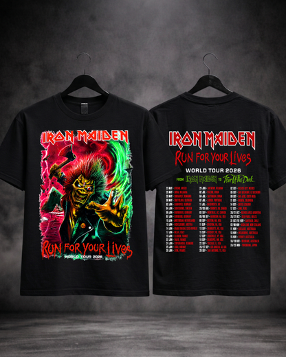T-shirt Iron Maiden Run For Your Lives World Tour 2026 preta frente e costas