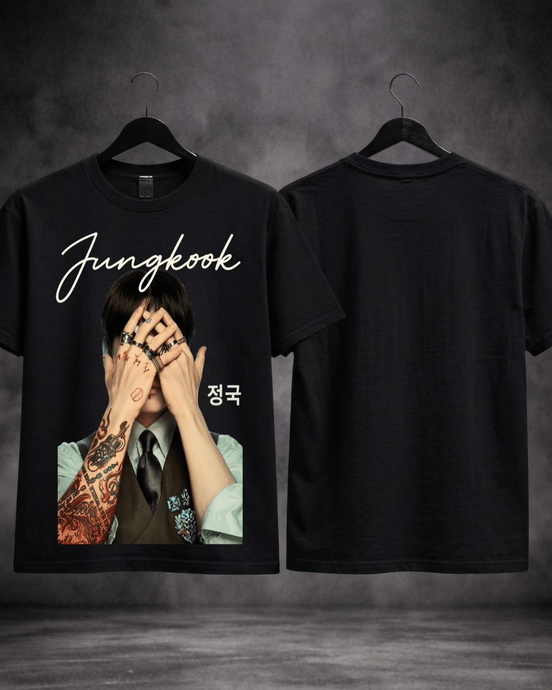 T-shirt Jungkook Tattoo Edition preta frente e costas - SuDrops