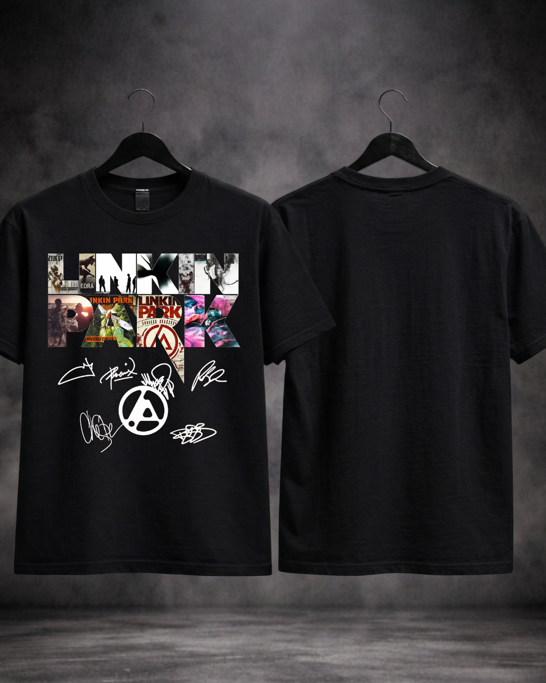 T-shirt Linkin Park Collage Signature Edition preta frente e costas - SuDrops