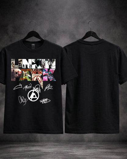 T-shirt Linkin Park Collage Signature Edition preta frente e costas - SuDrops