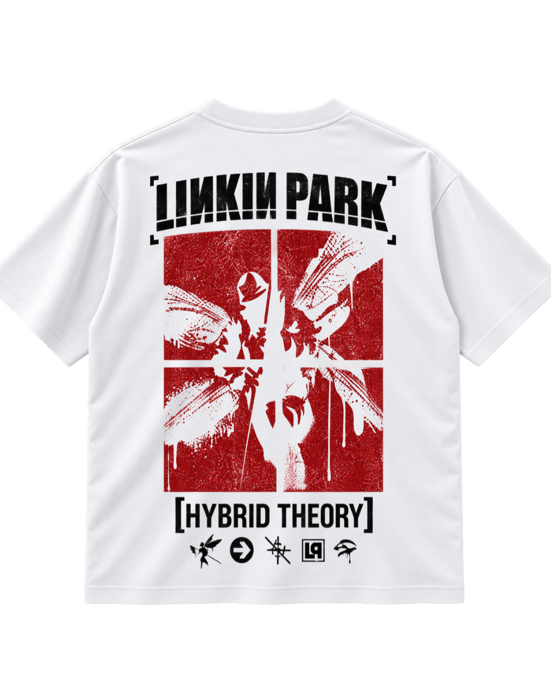 T-shirt Linkin Park Hybrid Theory branca - costas com lettering, figura alada e símbolos da banda - Sudrops