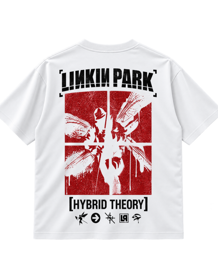T-shirt Linkin Park Hybrid Theory branca - costas com lettering, figura alada e símbolos da banda - Sudrops