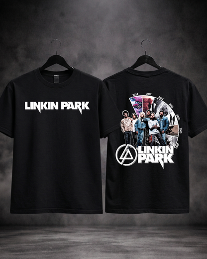 T-shirt Linkin Park Legacy Timeline Edition preta frente e costas - SuDrops