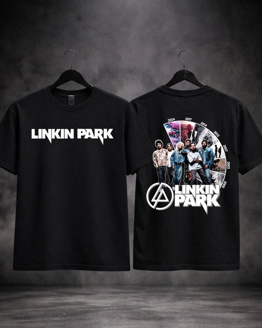 T-shirt Linkin Park Legacy Timeline Edition preta frente e costas - SuDrops