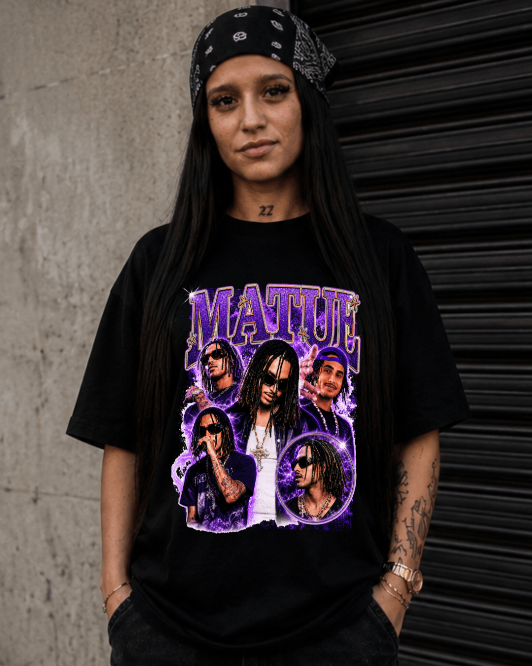T-shirt Matuê Bootleg Roxa preta com estampa frontal - SuDrops