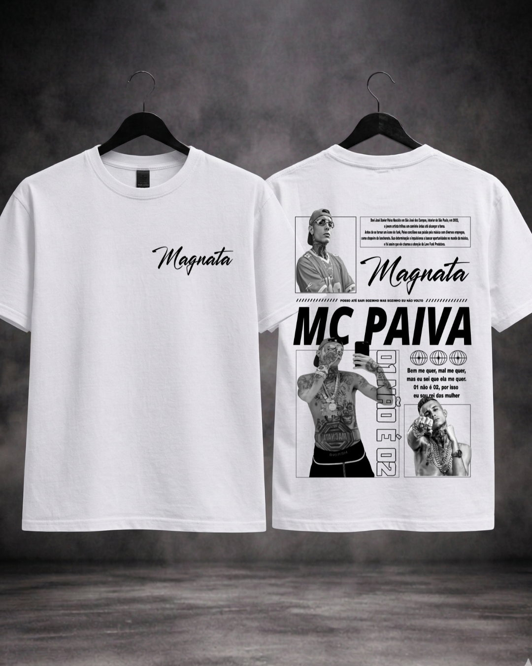 T-shirt Mc Paiva Magnata branca — frente e costas