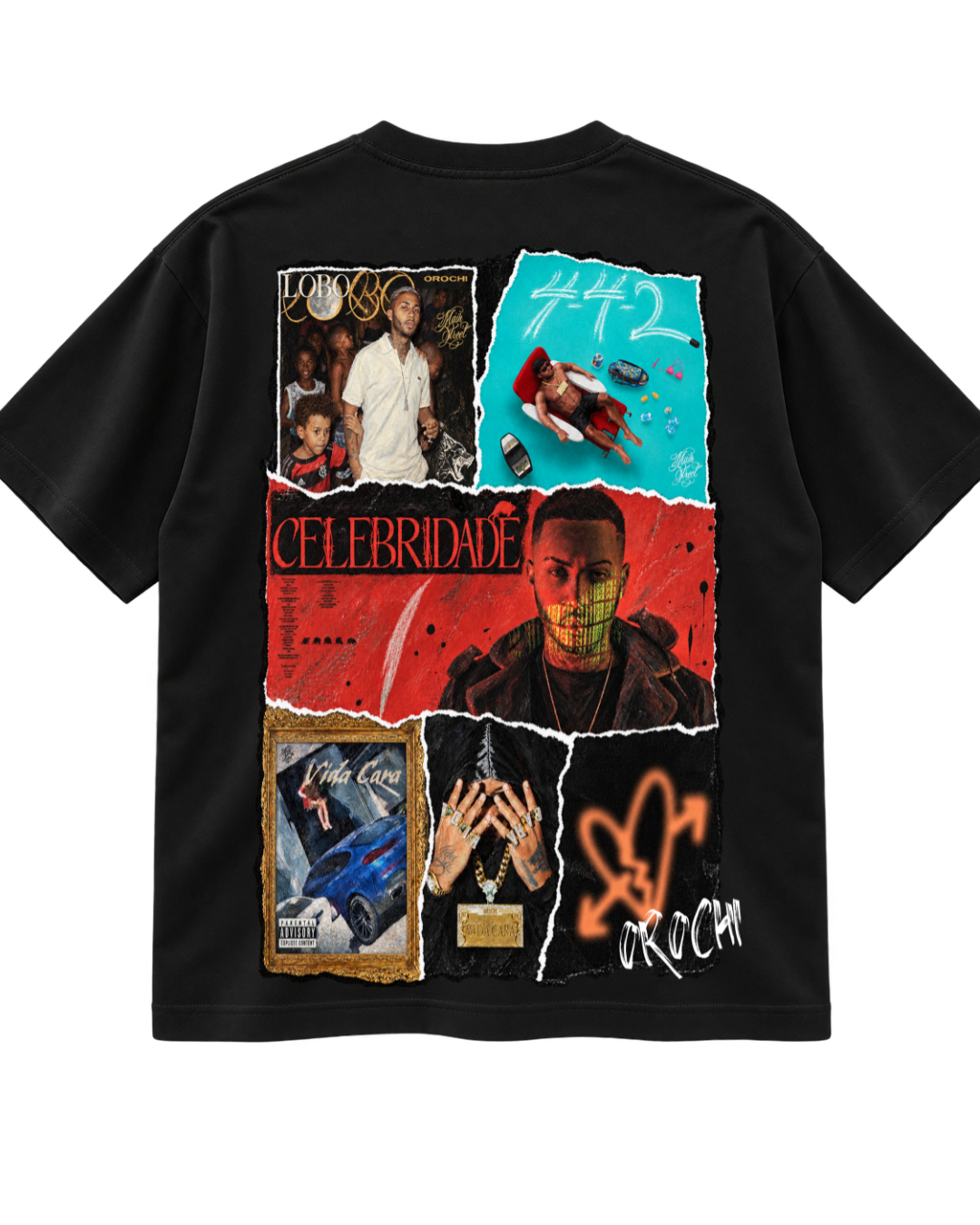 
T-Shirt Orochi Discografia preta - costas com colagem das capas Lobo, 4+2, Celebridade e Vida Cara - Sudrops